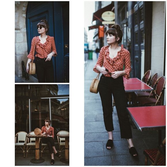 💕REALISATION PAR💕 Cher Top ~ 100% Silk Rust Spot Polka Dot Print Small - Picture 11 of 16